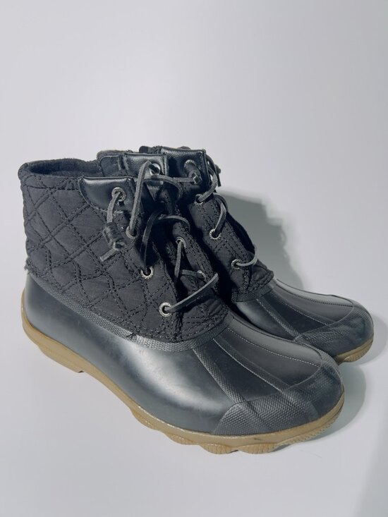 Sperry Shoes - Womens 7 M Sperry Saltwater Quilted Duck Boots Black Waterproof Lace-Up Side Zip